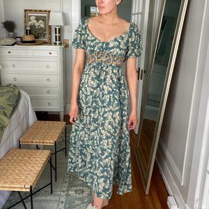 Free People Teal Puff Sleeve Floral Midi Dress